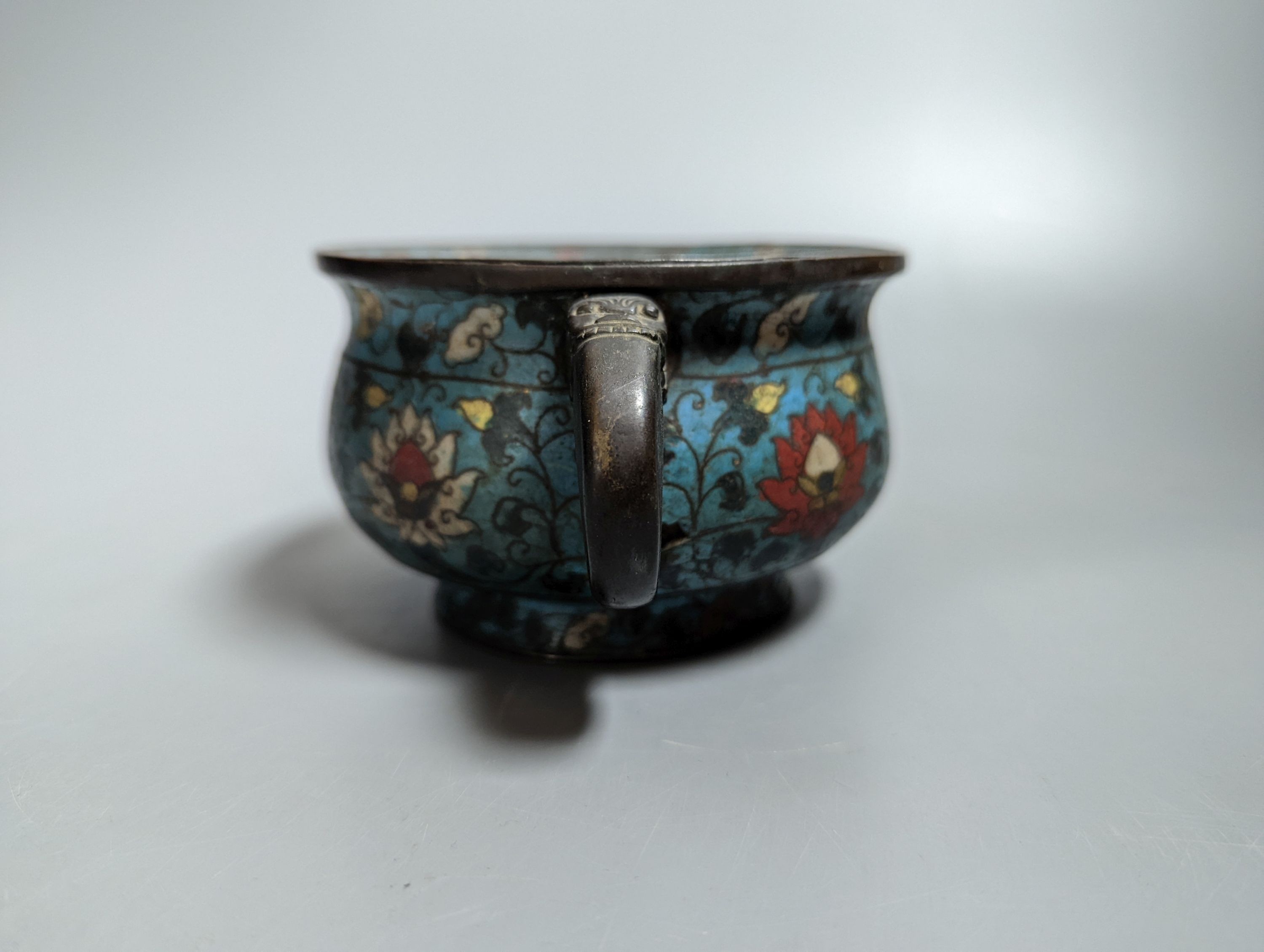 A Chinese late Ming dynasty bronze and cloisonné enamel ding censer 18cm